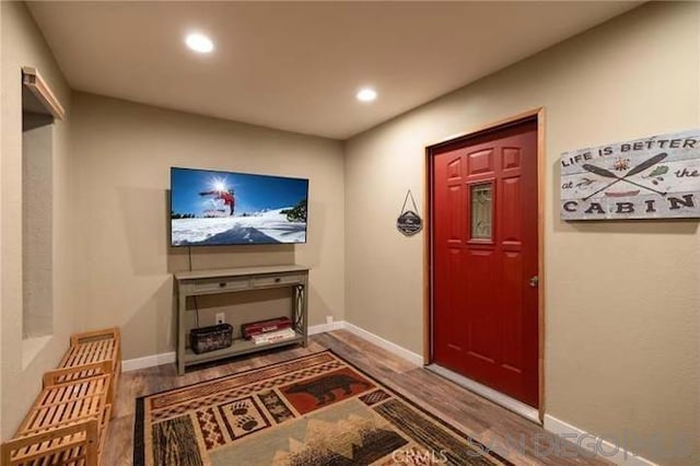 cinema room with wood-type flooring