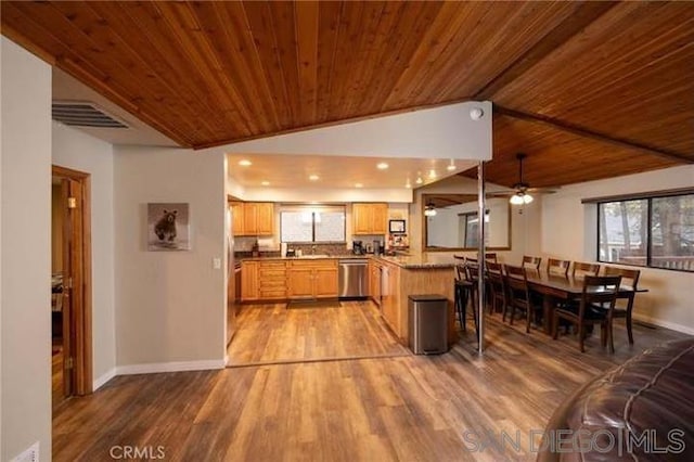 kitchen with vaulted ceiling, kitchen peninsula, dishwasher, and wood ceiling