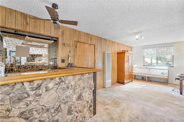 kitchen featuring wood walls, a textured ceiling, light carpet, and ceiling fan