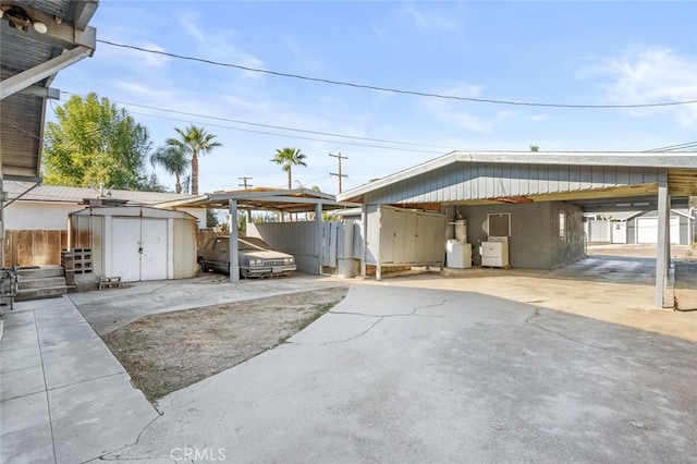 exterior space with a shed