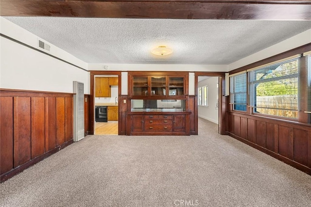 unfurnished living room with light carpet, a textured ceiling, wooden walls, and sink