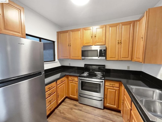 kitchen with sink, stainless steel appliances, and light hardwood / wood-style floors