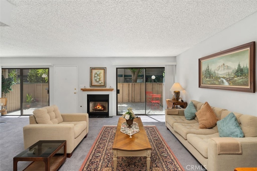 carpeted living room with a textured ceiling