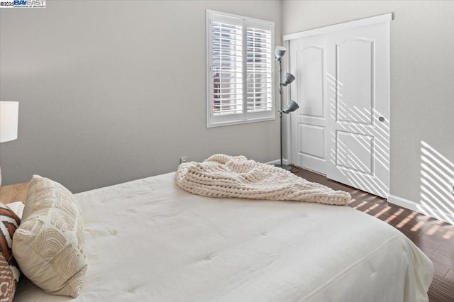 bedroom featuring wood-type flooring and a closet