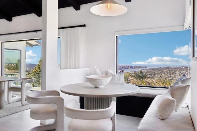 dining space with plenty of natural light and beamed ceiling