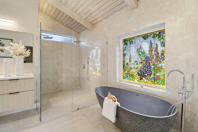 bathroom with vanity, separate shower and tub, wood ceiling, and vaulted ceiling with beams