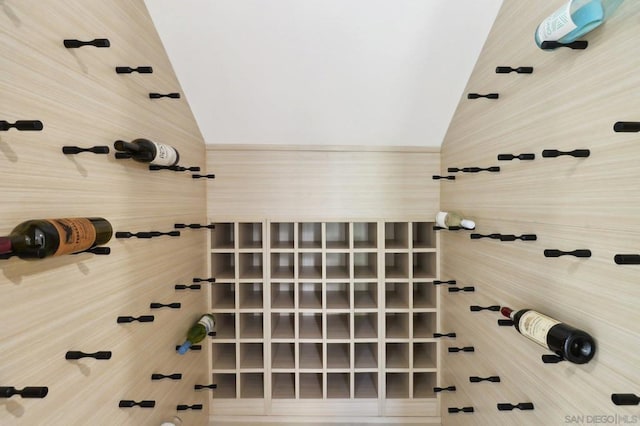 wine cellar with lofted ceiling