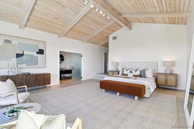 bedroom featuring beamed ceiling, high vaulted ceiling, rail lighting, and wood ceiling