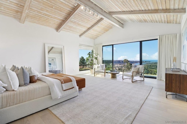 bedroom with light wood-type flooring, wooden ceiling, high vaulted ceiling, and beamed ceiling