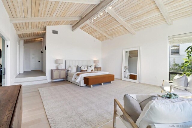 bedroom featuring wood ceiling, light hardwood / wood-style floors, track lighting, beamed ceiling, and high vaulted ceiling