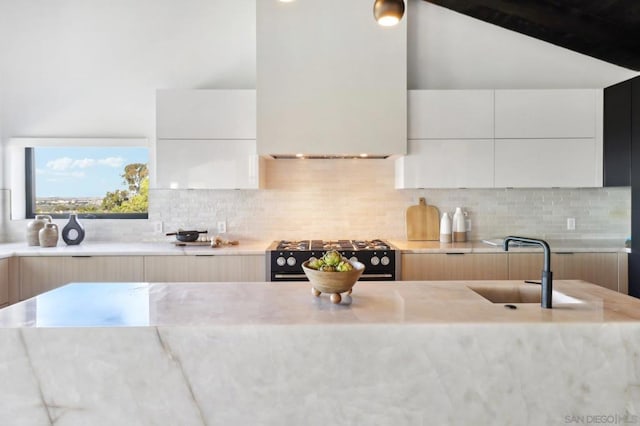 kitchen with black range oven, sink, white cabinetry, exhaust hood, and tasteful backsplash