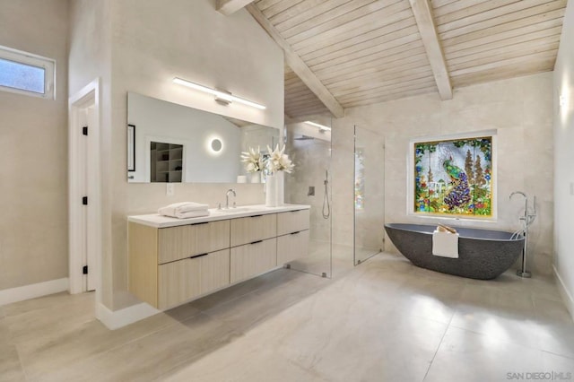 bathroom featuring high vaulted ceiling, beam ceiling, separate shower and tub, wooden ceiling, and vanity