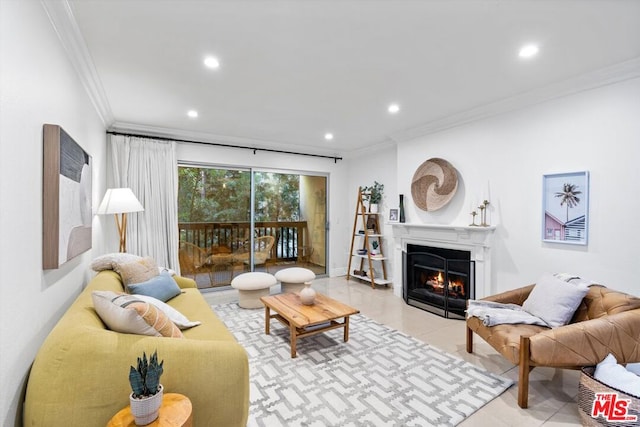 tiled living room with ornamental molding