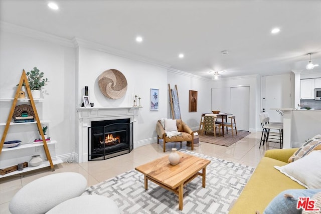 tiled living room with crown molding