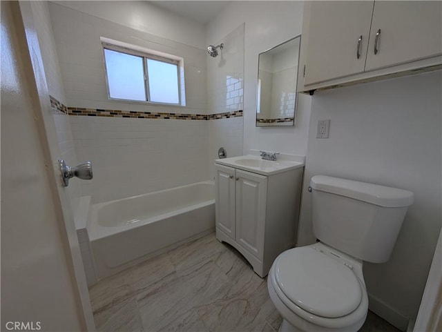 bathroom featuring shower / bathtub combination, marble finish floor, vanity, and toilet