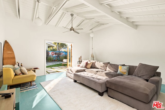 living room with ceiling fan and lofted ceiling with beams