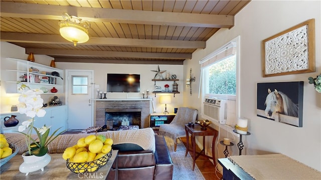 living room featuring beam ceiling, a brick fireplace, and wooden ceiling