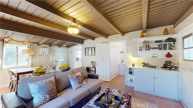 tiled living room with wood ceiling and beam ceiling