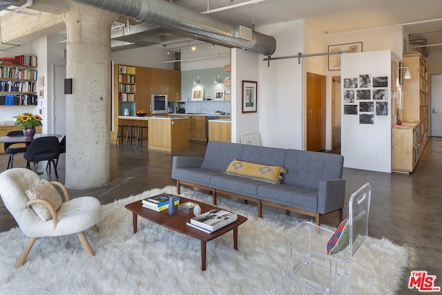 living room featuring a high ceiling and a barn door