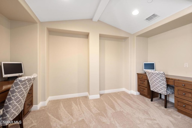 office featuring light carpet and vaulted ceiling with beams