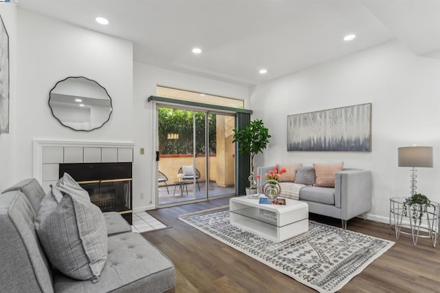 living room with a fireplace and dark hardwood / wood-style flooring