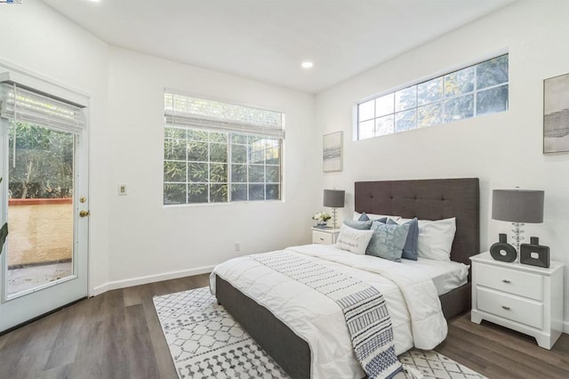 bedroom featuring access to outside, dark wood-type flooring, and multiple windows