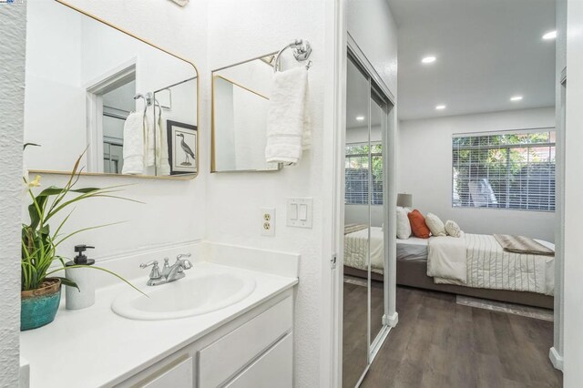 bathroom with hardwood / wood-style floors and vanity