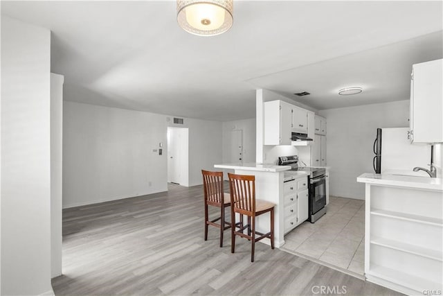 kitchen with a kitchen breakfast bar, electric stove, kitchen peninsula, white refrigerator, and white cabinets