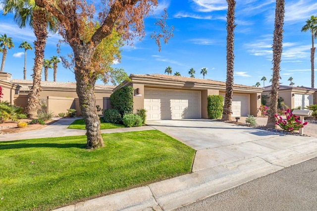 single story home featuring a front yard and a garage