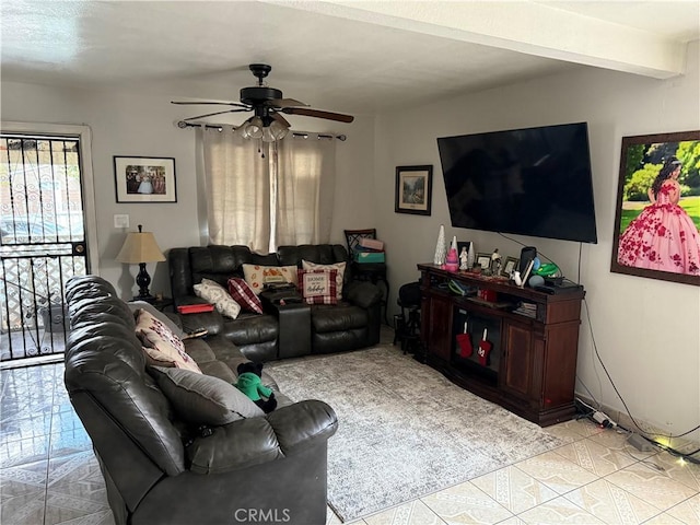 living room with light tile patterned flooring, ceiling fan, and beam ceiling