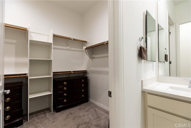 spacious closet featuring light colored carpet and sink