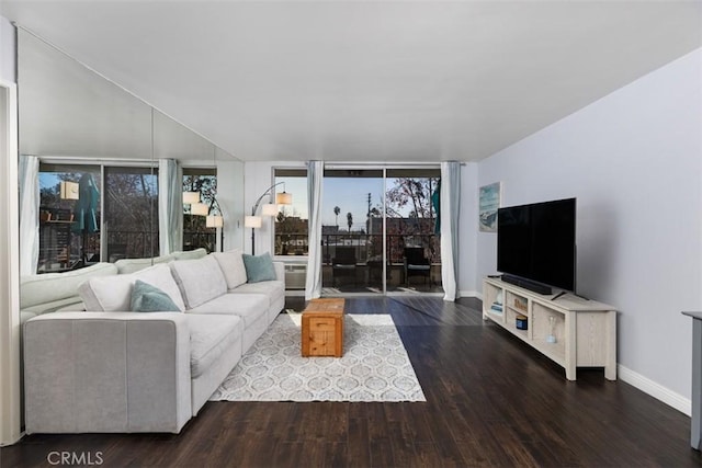 living room with dark hardwood / wood-style flooring and expansive windows