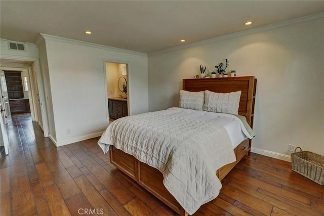 bedroom featuring ornamental molding and dark hardwood / wood-style floors