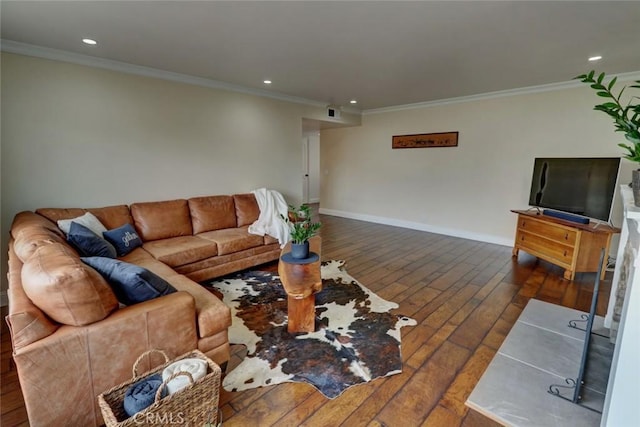 living room featuring crown molding and dark hardwood / wood-style floors