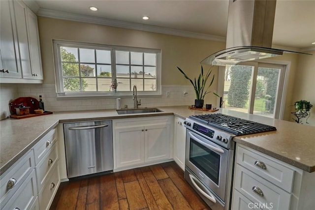 kitchen with appliances with stainless steel finishes, white cabinetry, sink, island exhaust hood, and crown molding