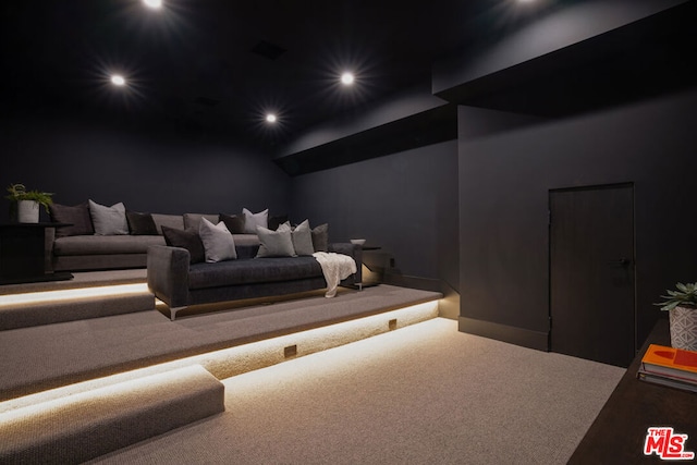 home theater room featuring carpet flooring