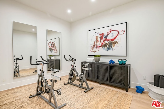 workout room with light hardwood / wood-style floors