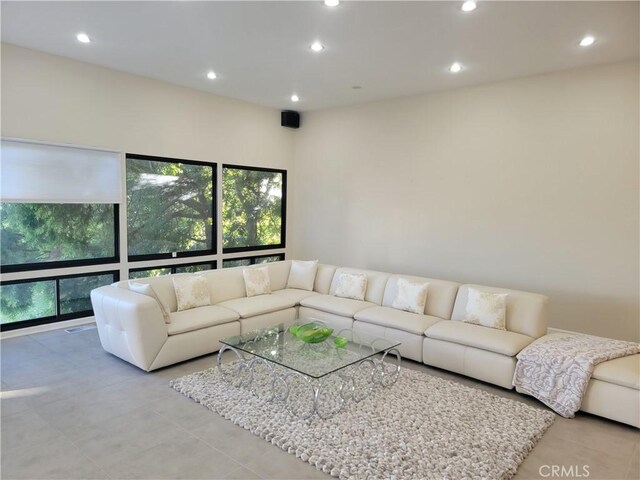 living room with recessed lighting