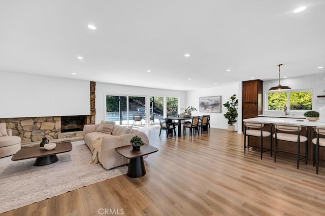 living room featuring a fireplace and light hardwood / wood-style floors