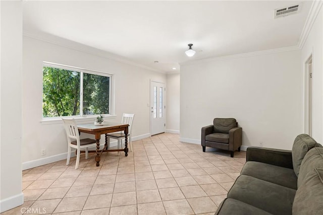 living room featuring crown molding and light tile patterned flooring