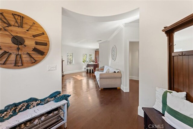 foyer featuring crown molding and dark hardwood / wood-style floors