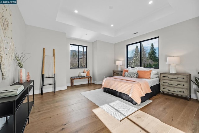 bedroom with a raised ceiling and wood-type flooring