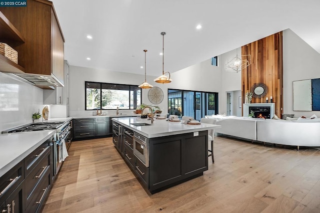 kitchen featuring a large fireplace, a kitchen island with sink, hanging light fixtures, stainless steel appliances, and sink