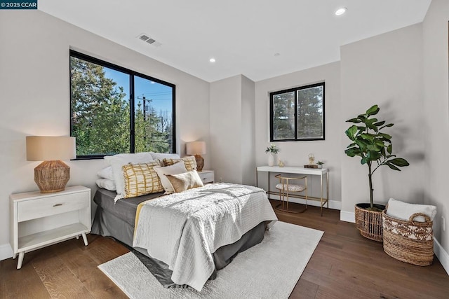 bedroom featuring dark hardwood / wood-style flooring, baseboard heating, and multiple windows