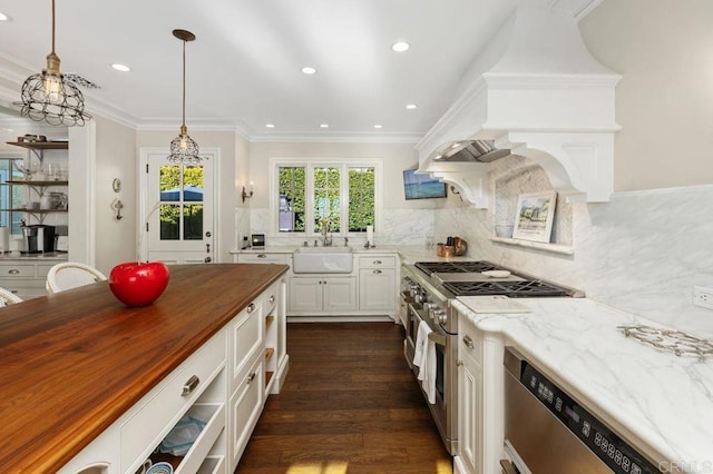 kitchen with stainless steel appliances, dark wood-type flooring, sink, backsplash, and butcher block counters