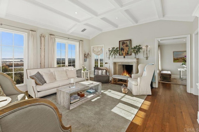 living room featuring beam ceiling and dark wood-type flooring