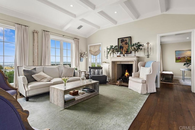 2045 W California St, San Diego, CA 92110 - living area featuring dark wood-type flooring, a warm lit fireplace, baseboards, and recessed lighting