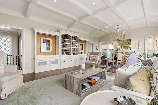 2045 W California St, San Diego, CA 92110 - carpeted living room featuring a chandelier, coffered ceiling, beam ceiling, baseboards, and recessed lighting