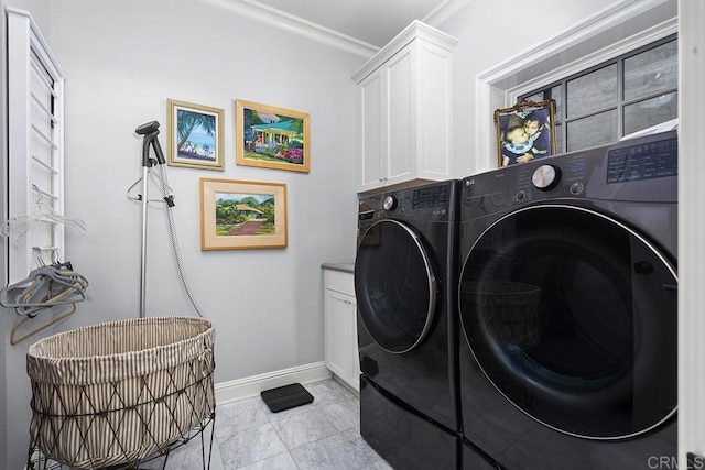 2045 W California St, San Diego, CA 92110 - laundry room featuring washing machine and dryer, cabinet space, ornamental molding, baseboards, and light marble finish floors