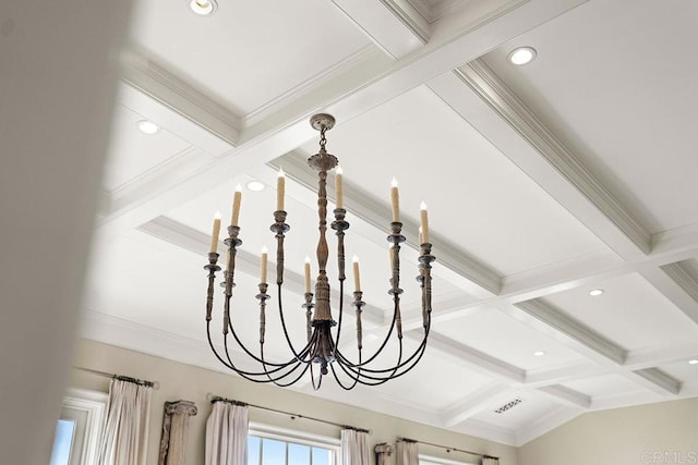 2045 W California St, San Diego, CA 92110 - detailed view of coffered ceiling, beamed ceiling, a chandelier, recessed lighting, and crown molding